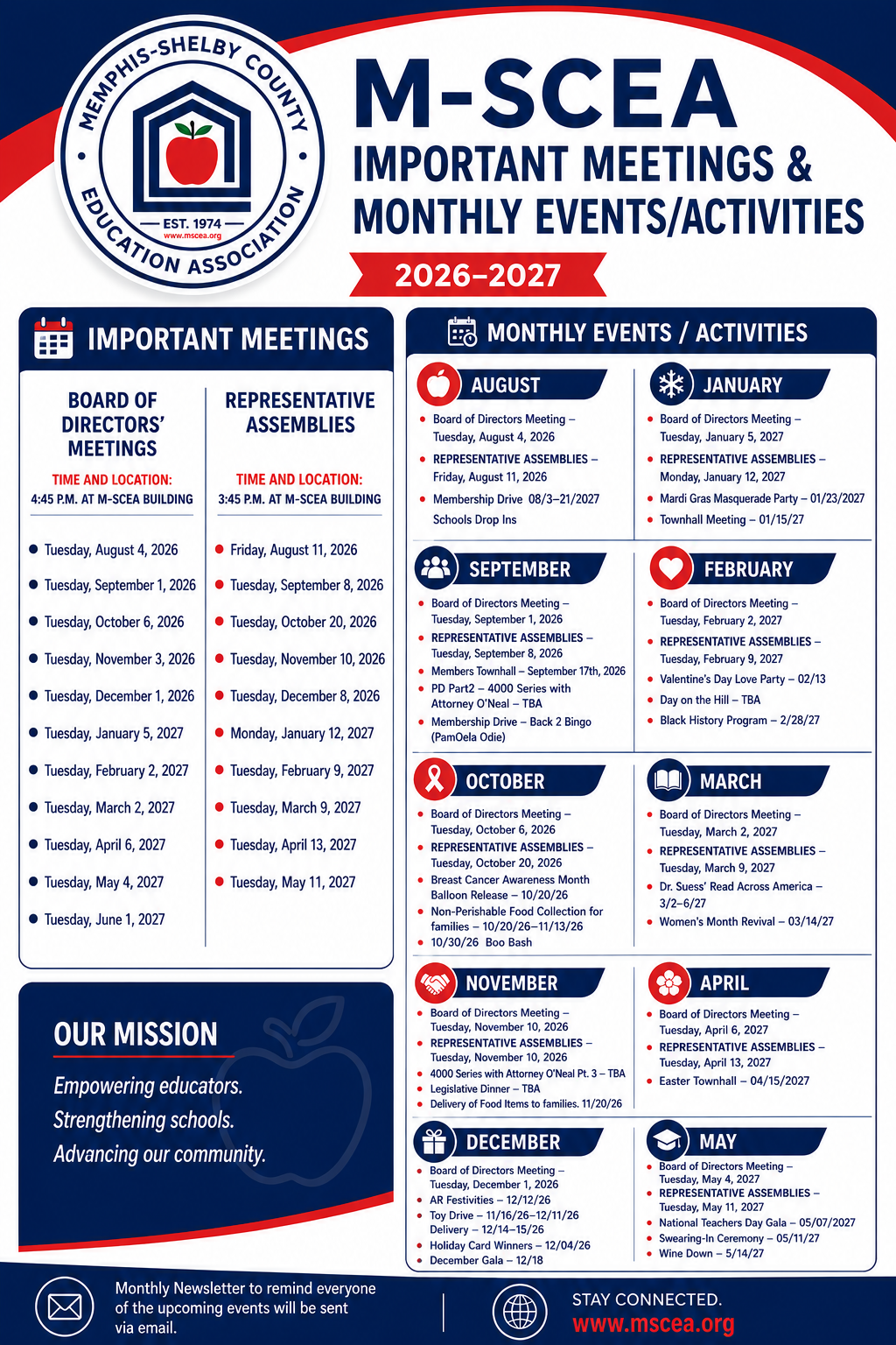 M-SCEA 2026–2027 Important Meetings and Monthly Events calendar